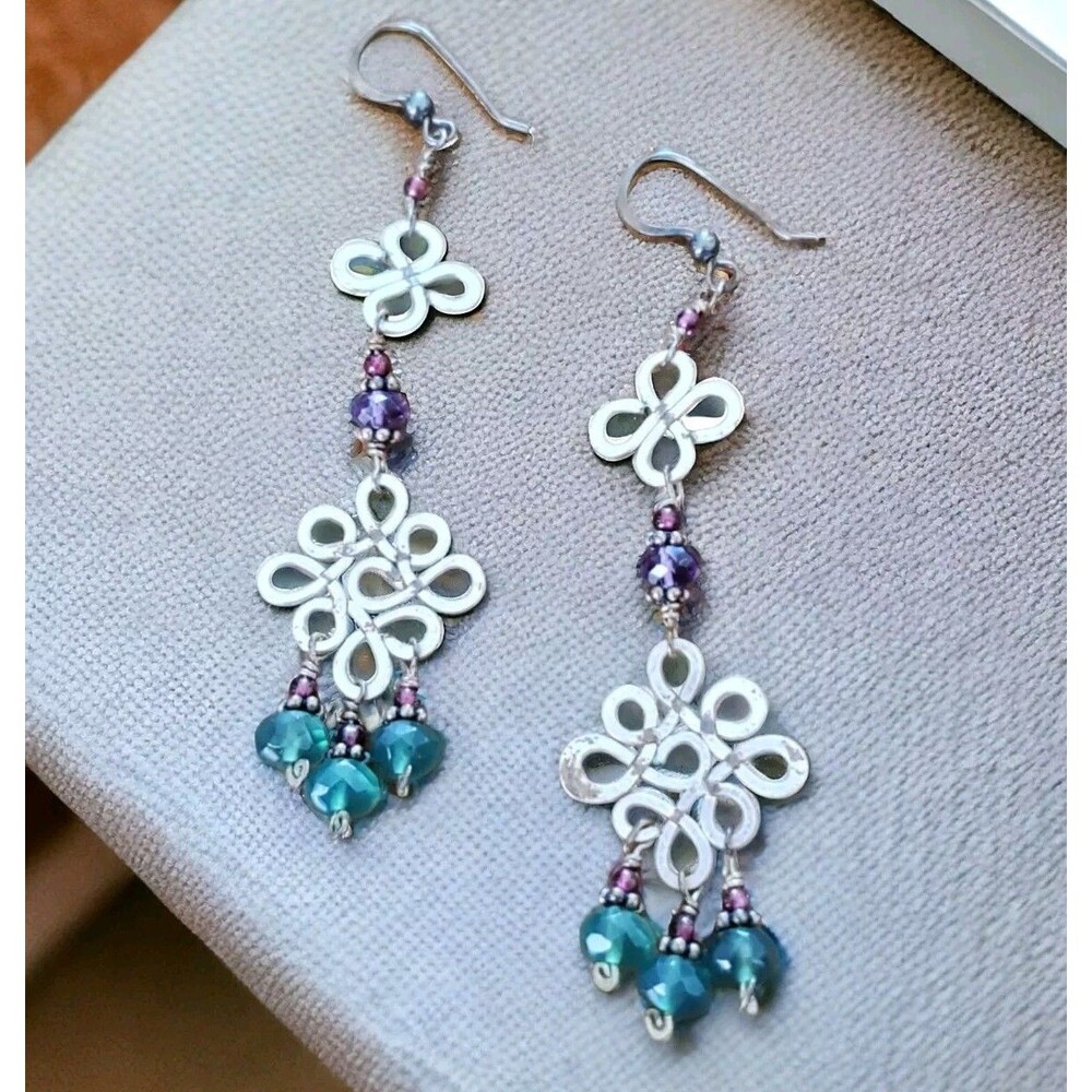 925 Sterling Silver Dangle Earrings with Garnet and Emerald Beads